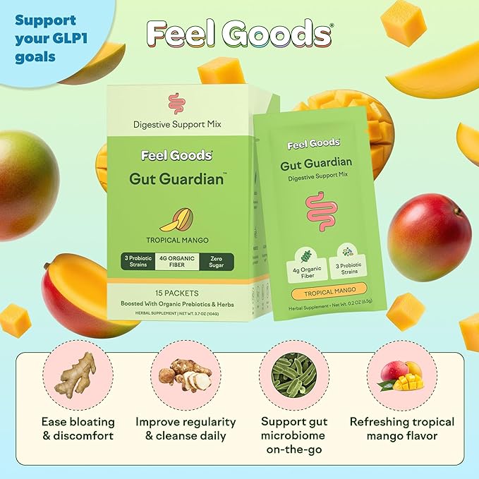 Feel Goods Gut Guardian Gut Health Powder Packets - Probiotic Fiber Powder with Prebiotics &amp L Glutamine for Digestive Health Bloating Relief &amp Digestion Support - Zero Sugar &amp Organic F