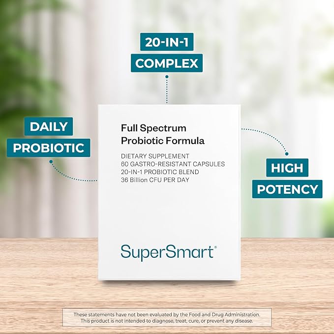 Supersmart Full Spectrum Probiotic Formula 36 Billion CFU per Day (20-in-1 Complex) - with Lactobacillus Reuteri Gasseri Rhamnosus Crispatus | Non-GMO &amp Gluten Free - 60 Vegetarian Capsules