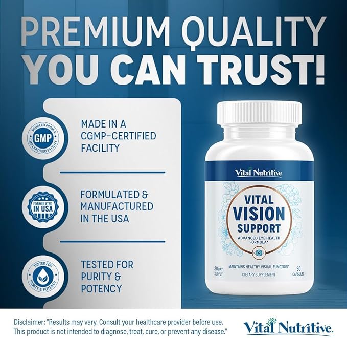 Vital Vision Support – Eye Health Supplement with Vitamin A Lutein Beta Carotene &amp Antioxidants – Eye Vitamins Support Hydration &amp Oxidative Stress -30 Days Serving