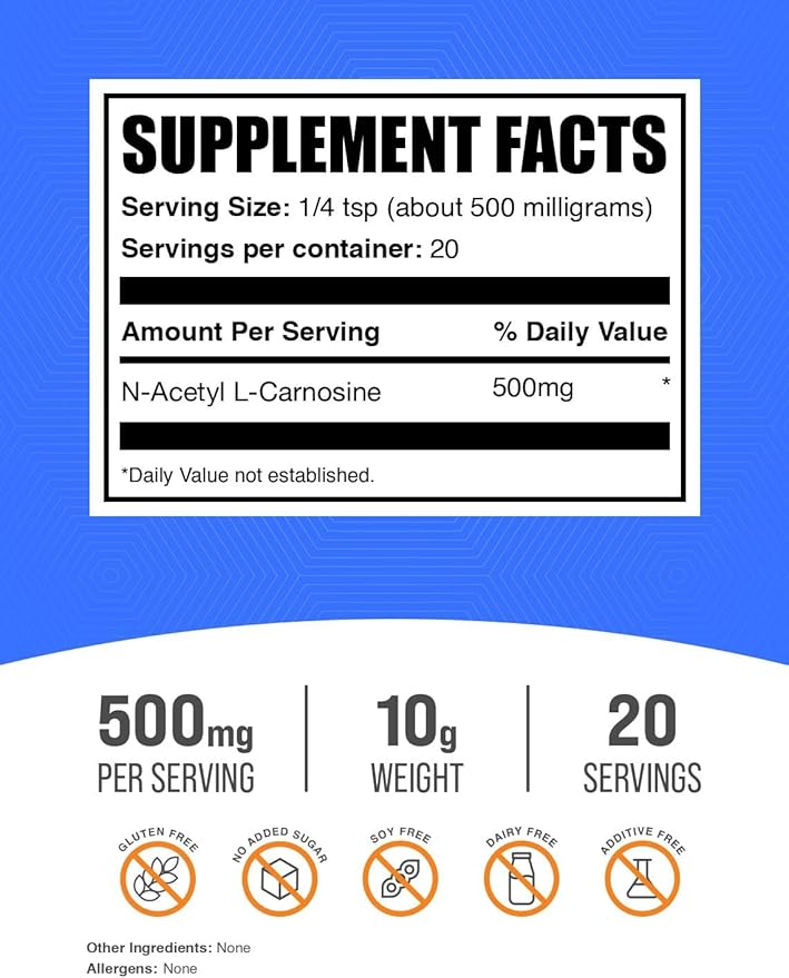 BulkSupplements.com N-Acetyl L-Carnosine Powder - Carnosine Supplement N-Acetyl Carnosine 500mg - Gluten Free 500mg per Serving 10g (0.35 oz) (Pack of 1)