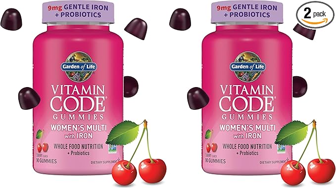 Garden of Life Vitamin Code Women’s Multivitamin Gummy with Iron: Folate Biotin D3 &amp B12 for Hair SkinNails Probiotics for Immune Health Non-GMO Gluten-Free 90 Cherry Gummies (Pack of 2)