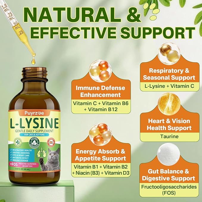 Puyrzoe Lysine for Cats Drops + Skin &amp Coat Chews Respiratory &amp Immune Support + Coat Shine &amp Skin Hydration – Liquid Lysine 60ml + 500 Fur Care Chews with Omega-3-6-9 Vitamins C &amp E