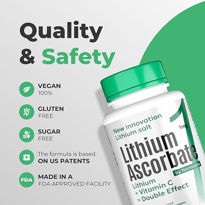 Lithium Ascorbate 1mg with Vitamin C – Brain Supplement for Focus Memory Mood &amp Stress Support – Cognitive Enhancer – 60 Tablets + Bonus Lithium Orotate (120 Tablets)
