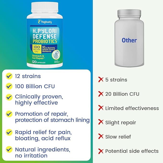H. Pylori Defense Probiotics 100 Billion CFU - Lactobacillus Reuteri Mastic Gum Berberine Zinc Carnosine Green Tea for Digestive &amp Gut Health Stomach Comfort Vegan 120 Capsules