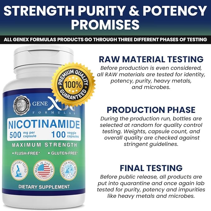 Genex Formulas - Nicotinamide 500mg Vitamin B3 Flush Free Niacin Capsules for Healthy Skin - Niacinamide Supplement Pills Help Produce Keratin &amp Support Skin Cell Health &amp Energy - (100 Capsul