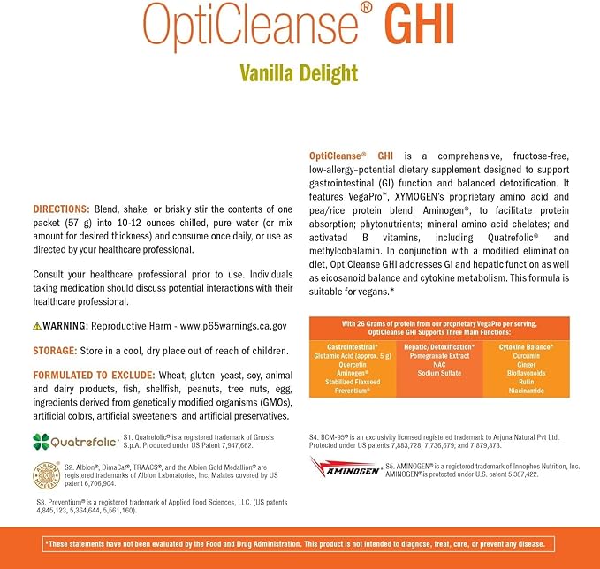 XYMOGEN OptiCleanse GHI - Protein Powder for Digestive Health - Liver &amp Immune Support - B Vitamins &amp Plant-Based Protein - Gluten-Free - Vanilla Delight Flavor - 10 Servings