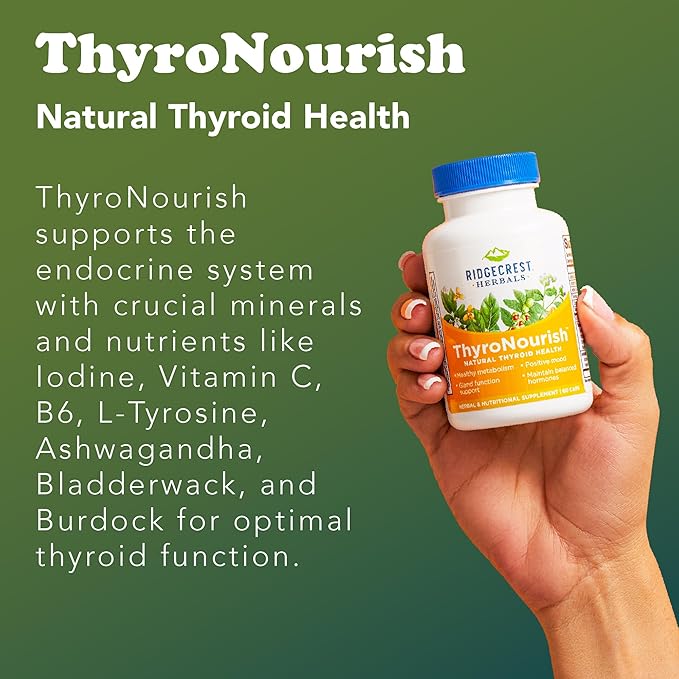 Ridgecrest Herbals ThyroNourish Thyroid Support Herbal and Vitamin Supplement with Ashwagandha L-Tyrosine Iodine Copper Kelp. Supports Energy Metabolism Health Normal Sleep (60 Caps 30 Serv)