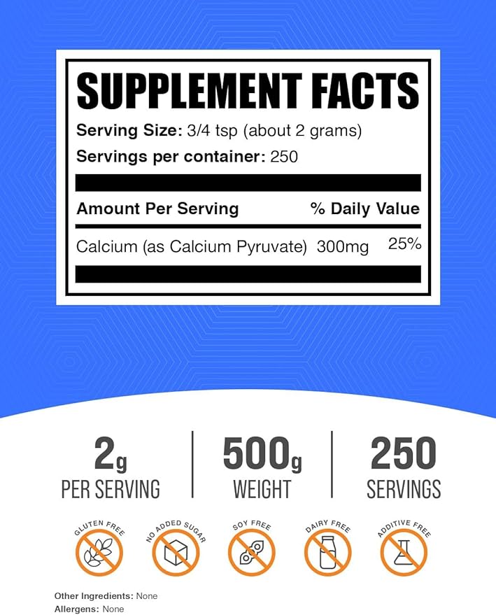 BulkSupplements.com Calcium Pyruvate Powder - Calcium Supplement Pyruvate Supplement - Unflavored &amp Gluten Free 2g per Serving 500g (1.1 lbs) (Pack of 1)