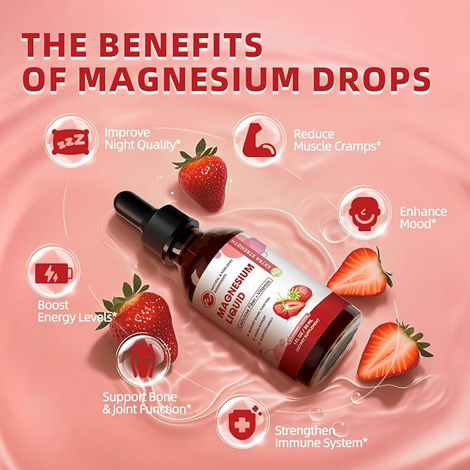 (3 Pack) Magnesium Glycinate Liquid Drops High Absorption Magnesium Liquid with Bromelain Vitamin B6 C D Magnesium Supplement for Kids and Adults Night &amp Muscle Support Strawberry Flavor