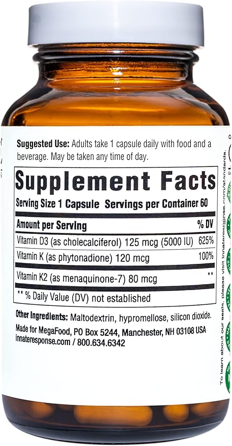INNATE Response Formulas Vitamin D3 5000 IU (125 mcg) - Supplement That Supports Immune and Bone Health - Blend of Vitamins D3 K1 and K2 - Vegetarian - 60 Capsules (60 Servings)