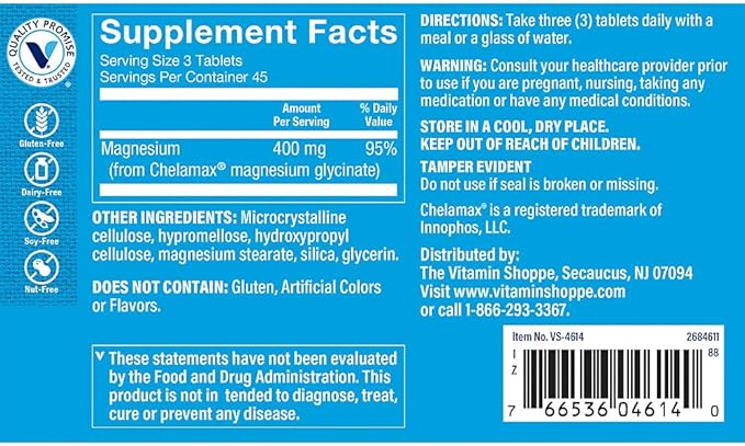 The Vitamin Shoppe Magnesium Glycinate 400 MG Fully Chelated Magnesium for Superior Absorption Supports Energy Production Relaxation &amp Sleep Support Cardiovascular Health Gluten Free 135 Tab