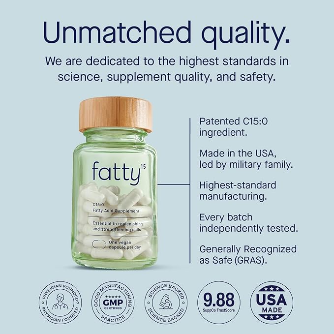 Fatty15 C15:0 Pentadecanoic Acid Supplement The Longevity Nutrient - 180 Vegan Capsules - 3X Cellular Benefits of Fish Oil EPA Omega 3 Supplements - Liver Support &amp Mitochondrial Health
