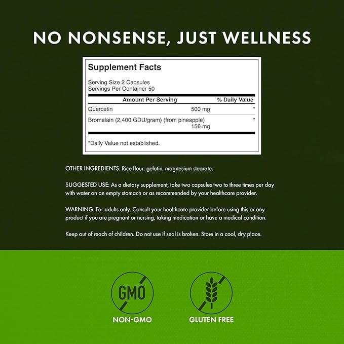 Swanson Quercetin &amp Bromelain-Promote Respiratory Health Support-Aid Seasonal Immune System Health-Support Cholesterol Levels Already w/i Normal Range 100 Caps (250mg Quercetin/78mg Bromelain) 2 P