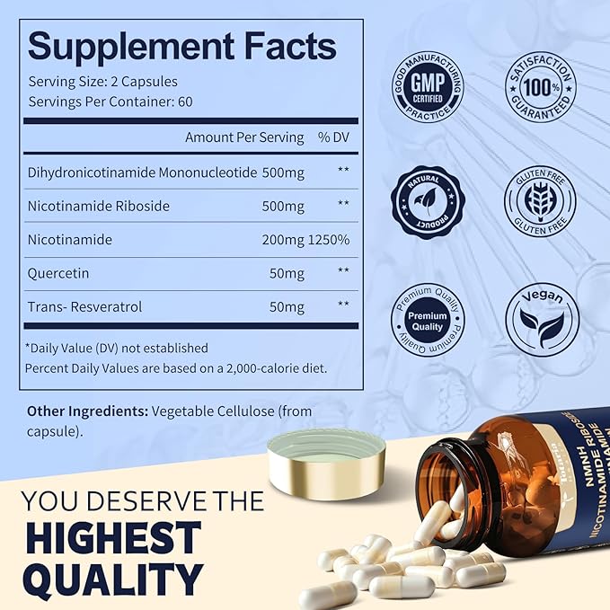 Totaria NMNH (Dihydronicotinamide Mononucleotide) NMNH Supplement w/Niacinamide (Vitamin B3) Quercetin Trans-Resveratrol Support NAD+ Anti-Aging Skin Cell Health &amp Energy 240 Count