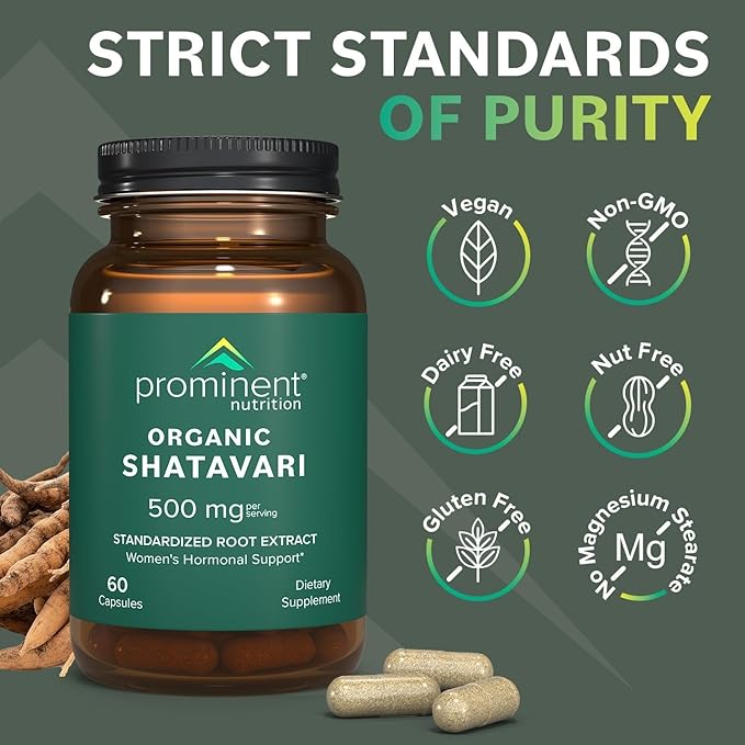Prominent Nutrition Organic Shatavari Capsules Hormone Support for Women 500 mg 60 Count Standardized Root Extract Formulated for Women’s Health - 2 Pack