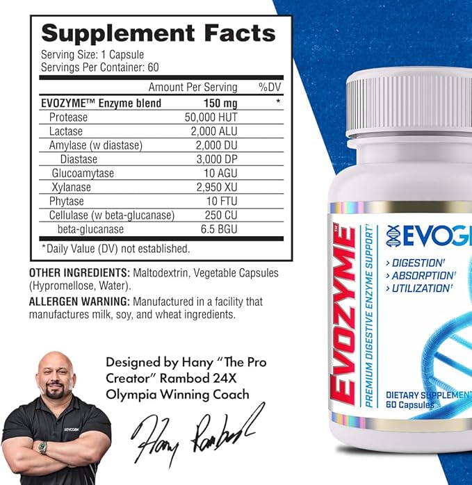 Evogen Evozyme - Premium Digestive Enzymes for Women &amp Men | Enzymes for Digestion with Absorption &amp Nutrient Utilization Support | 60 Capsules