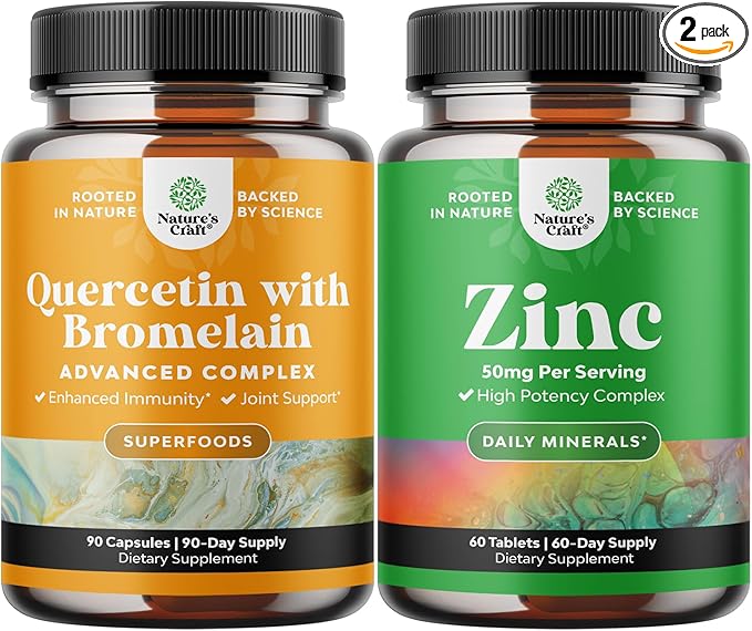 Bundle of Pure Quercetin with Bromelain Supplement + 500mg Capsules for Immune Support &amp Breathing and Zinc 50mg - Enhance Hair Skin and Nails - Easy to Swallow Potent Daily Tablets for Adults