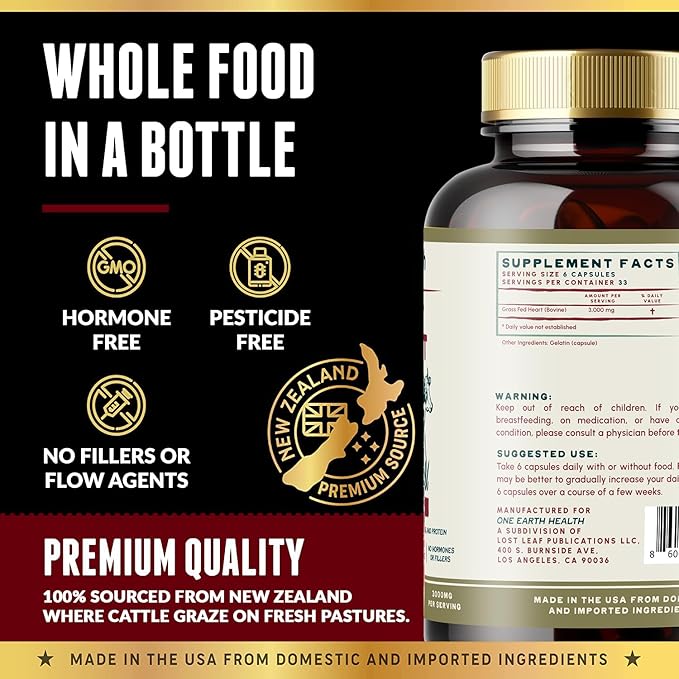 One Earth Health Grass Fed Beef Heart - New Zealand Sourced Heart. 3000mg per Serving 200 Count