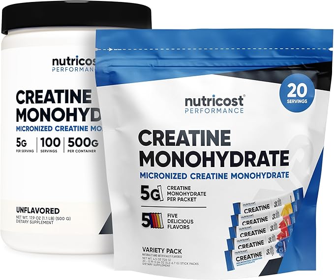 Nutricost Micronized Creatine Monohydrate 500 Grams and 20 Stickpacks (Variety) Bundle