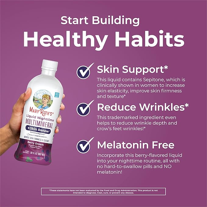 MaryRuth's Liquid Nighttime Liquid Multimineral + Skin Renew | Clinically Shown in Women to Reduce Fine Wrinkle &amp Improve Skin Firmness | Sepitone | NO Melatonin | Magnesium | Vegan | 30 Servings