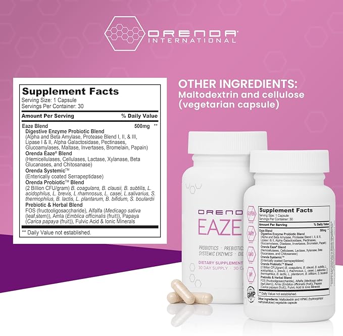 Orenda Eaze®: Gut Wellness Capsules | 6-in-1 Digestive Support with Probiotics Endospores Peptizyme-SP EN Prebiotics and Digestive Enzymes - Elevate Your Gut Health Today - 30 Capsules