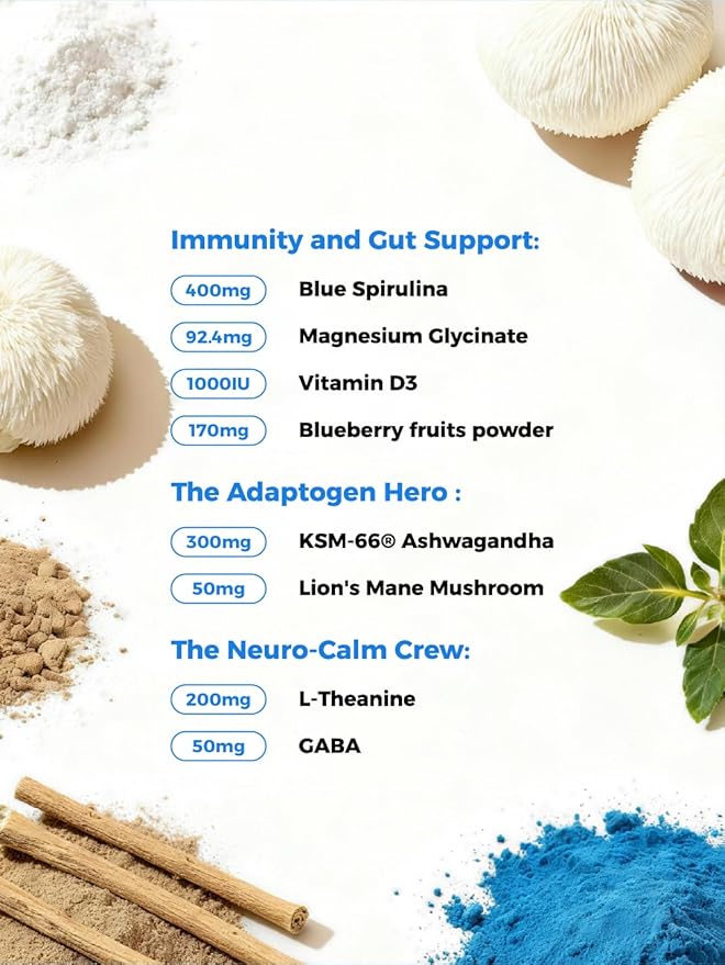 Easy Calm Blue - Calming Drink Mix with Magnesium KSM-66 Ashwagandha &amp Blue Spirulinac L-theanine Lion's Mane Mushroom GABA Vitamin D3 Supports Cortisol Balance Mood Sleep