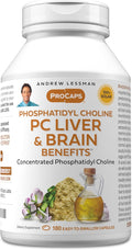 ANDREW LESSMAN PC Liver and Brain Benefits 180 Softgels - Phosphatidyl Choline Most Important Building Block for Healthy Liver and Brain Structure Function. No Additives. Easy to Swallow Softgels