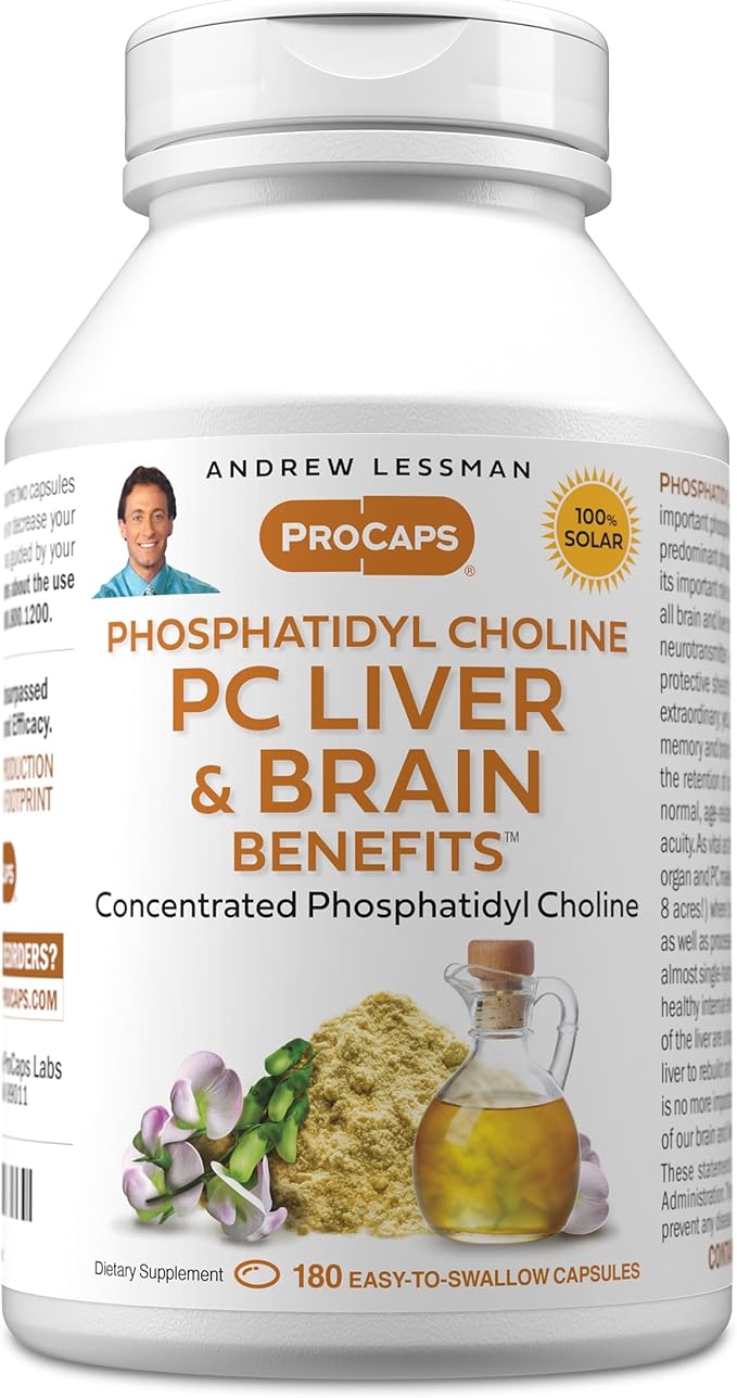 ANDREW LESSMAN PC Liver and Brain Benefits 180 Softgels - Phosphatidyl Choline Most Important Building Block for Healthy Liver and Brain Structure Function. No Additives. Easy to Swallow Softgels