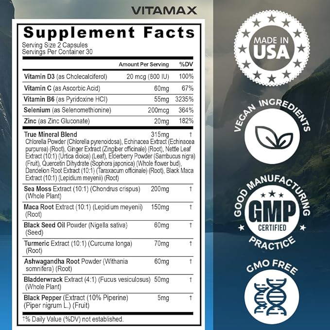 Sea Moss Maca Black Seed Oil Ashwagandha Bladderwrack Turmeric - Elderberry Vitamins C &amp D3 Dandelion &amp Black Pepper - Made in USA- 120ct