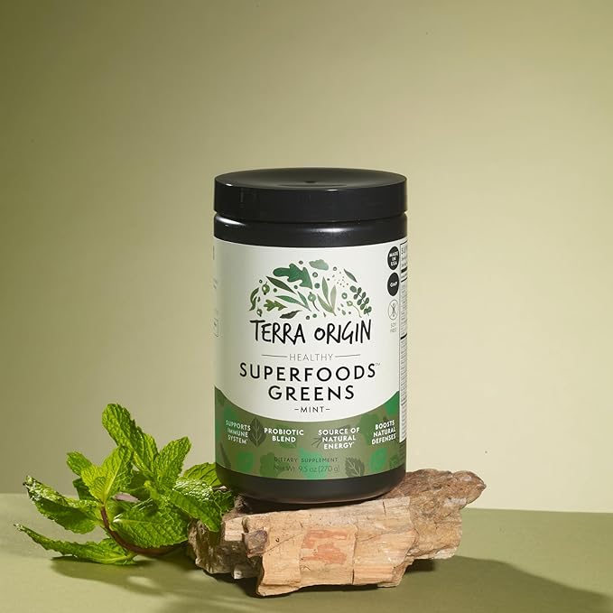 TERRA ORIGIN Healthy Superfood Greens Powder Drink with Probiotics &amp Ashwagandha | Adaptogen &amp Digestive Enzyme Fruit and Veggie Blend | for Gut Health Energy Immune Support* | 30 Servings |