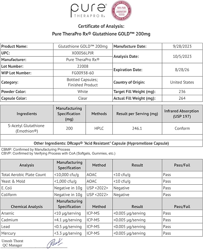 Pure Therapro Rx S-Acetyl Glutathione Gold 200mg | 2 Month Supply Acid-Resistant Capsule | Patented Acetylated Form of Glutathione | Zero Fillers Or Flow Agents | Pharmaceutical Grade Non-GMO