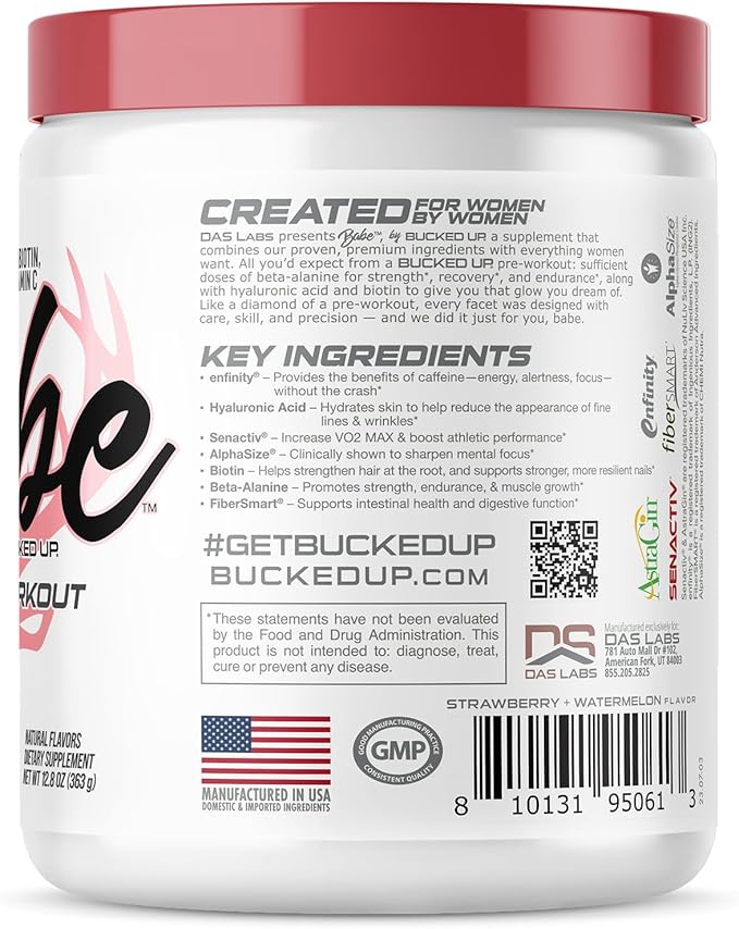 Babe Pre Workout powder for Women | Watermelon Splash | 6g Citrulline 2g Beta-Alanine 100mg Hyaluronic Acid 5mg Biotin and 5 other registered trademarked ingredients | 30 servings | 12.8 OZ