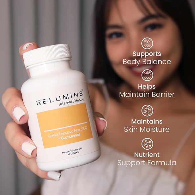 Relumins GLA Plus Glutathione Supplement – 240mg Borage Seed Oil GLA &amp 75mg Capsules – Hydrate Protect &amp Glow from Within – 30 Capsules - Moisturized Radiant Healthy-Looking Skin