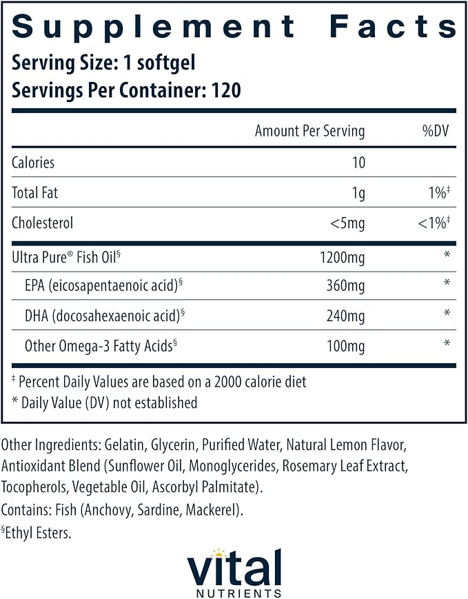 Vital Nutrients Ultra Pure Fish Oil 700 - Supports Heart Brain and Joint Health* - Sustainably Sourced High EPA &amp DHA Omega-3 Fatty Acid - Lemon Flavor - Gluten Dairy &amp Soy Free - 120 Softg