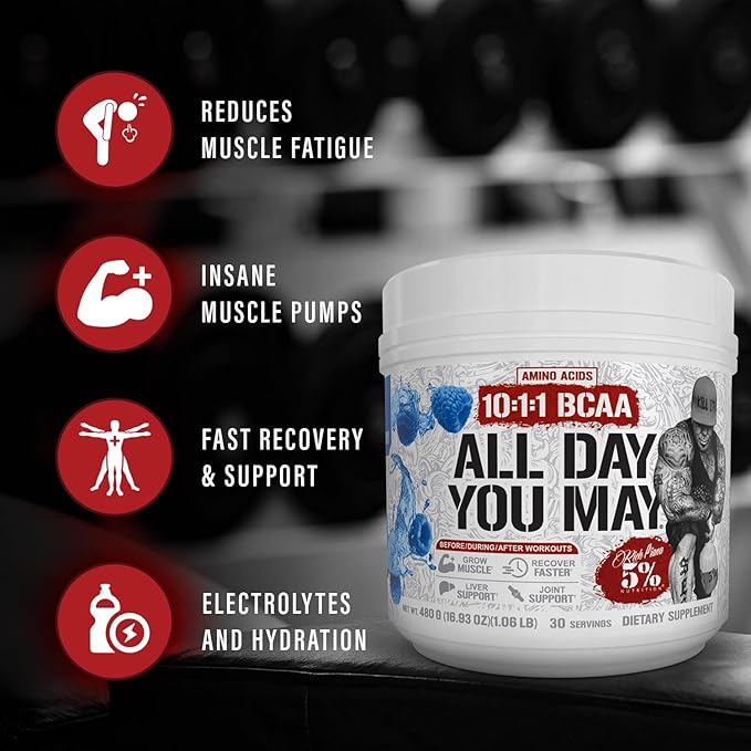 5% Nutrition Rich Piana AllDayYouMay BCAA Powder Premium Intra &amp Post Workout Amino Acids Hydration Endurance Muscle Recovery Joint &amp Liver | 18.2 oz 30 Srvgs (Peach Tea)