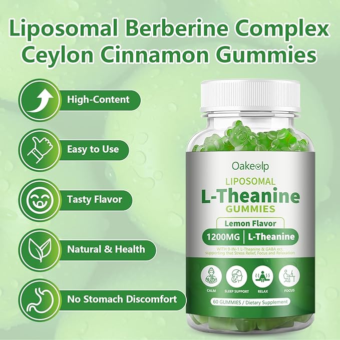 Liposomal L-Theanine 1200mg GummiesComplex Magnesium GABA5-HTPAshwagandha etc for Calm Zzz &amp Relaxation Support for AdultsChildren &amp ElderlyLiposomal Enhance 98% Absorption