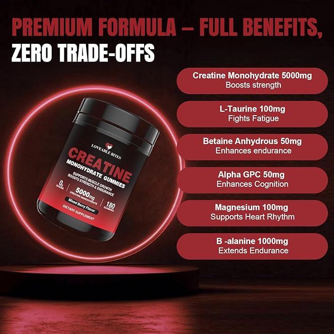 Loveable Bites Creatine Monohydrate Gummies – 5000mg Creatine Gummies for Men &amp Women | Supports Muscle Strength Endurance Energy &amp Recovery | Sugar-Free Vegan Mixed Berry Flavor 180 Coun