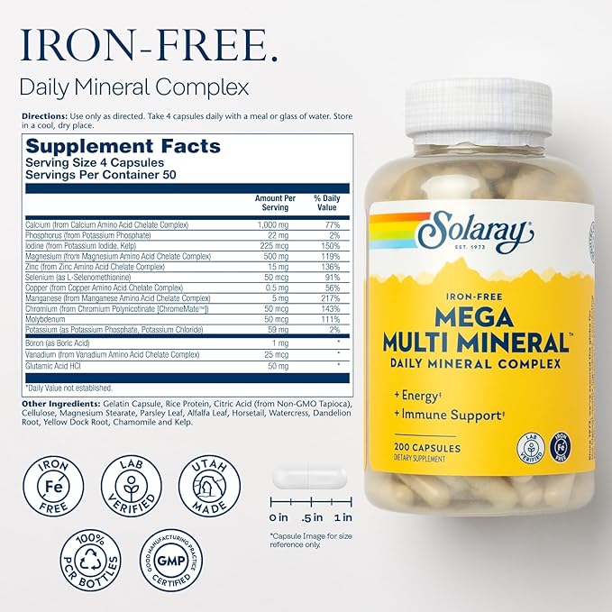 SOLARAY Bean Enzyme and Mega Multi Mineral - Digestive Enzymes for Women and Men Support Occasional Bloating - Iron Free Mineral Supplement w/Trace Minerals Electrolytes Magnesium Zinc 60/50 Serv