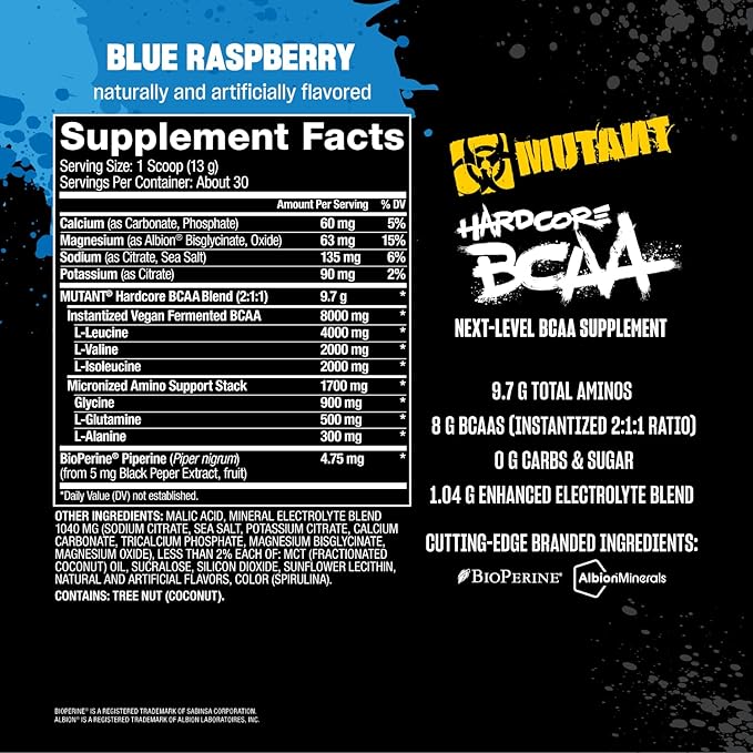 Mutant Hardcore BCAA - Pre Intra or Post Workout – BCAA Next Level branched-Chain Amino Acids Supplement – Hydration + Recovery - 30 Serving - Blue Raspberry