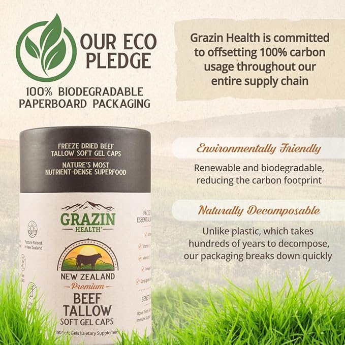 Grass-Fed Beef Tallow Capsules – 3000 mg Per Serving | Pasture-Raised Grass-Finished (New Zealand) | Non-GMO No Fillers or Flow Agents | cGMP Manufactured | 30-Day Supply