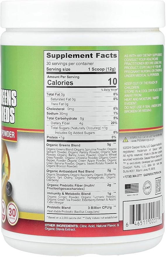 Gaspari Nutrition Greens and Reds: Organic Superfood Powder Immune Support Probiotics and Fiber Vegan and Non-GMO (12.69 (Pack of 1) Strawberry Lemonade)