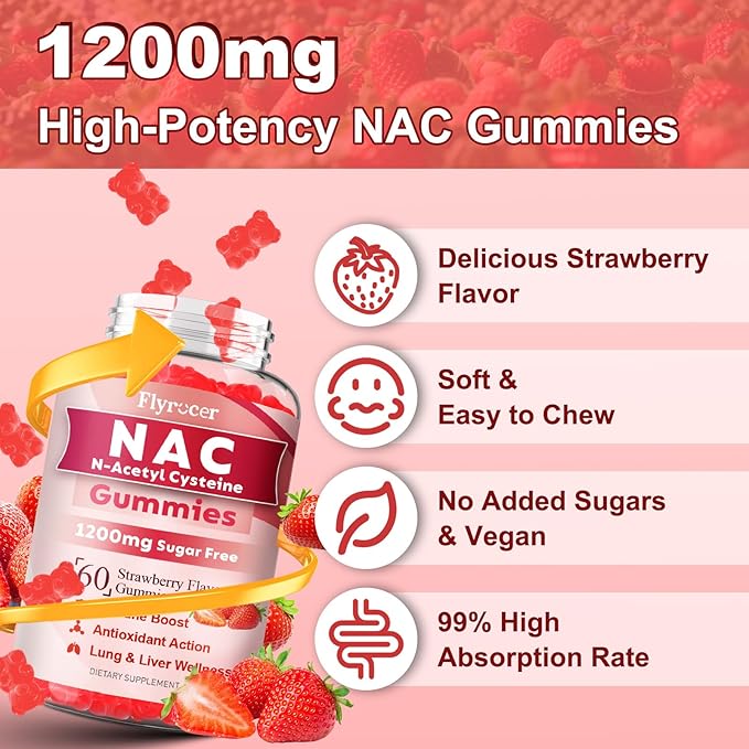 NAC Gummies N Acetyl Cysteine Supplement for Adults and Kids NAC Chewable Support Liver Health Antioxidants &amp Immune System Sugar-Free Strawberry Flavor 120 Count
