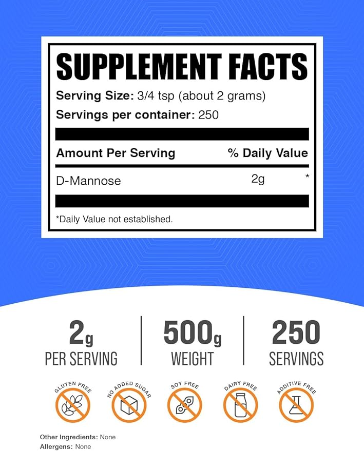 BulkSupplements.com D-Mannose Powder - D-Mannose Supplement for Urinary Tract Health - Unflavored &amp Gluten Free 2g per Serving 500g (1.1 lbs) (Pack of 1)
