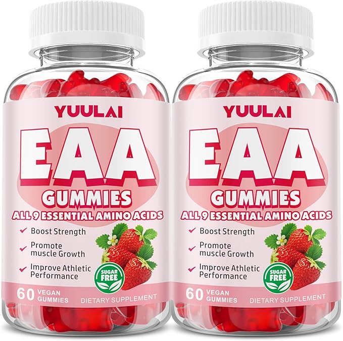 Pack of 2 EAA Gummies Essential Amino Acids - All 9 Essential Aminos (EAA) and All Branched-Chain Aminos (BCAAs) for Muscle Recovery Energy Support Strawberry Flavor 120 Count