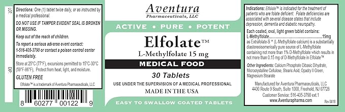 ELFOLATE® 15mg L-Methylfolate Methyl Folate Methylfolate Medical Food Supplement Professional Strength Active Pure Potent 30 Tablets