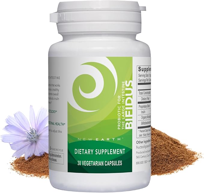 New Earth Bifidus - Probiotic for Large Instestine 30 ct - Bifidobacterium Bifidum &amp Prebiotic for Lower GI Support Gut Health &amp Regularity