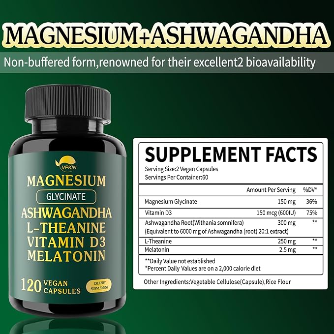 Magnesium Ashwagandha SupplementMagnesium GlycinateMelatoninL-Theanine Plus Vitamin D3Gluten Free120 Capsules