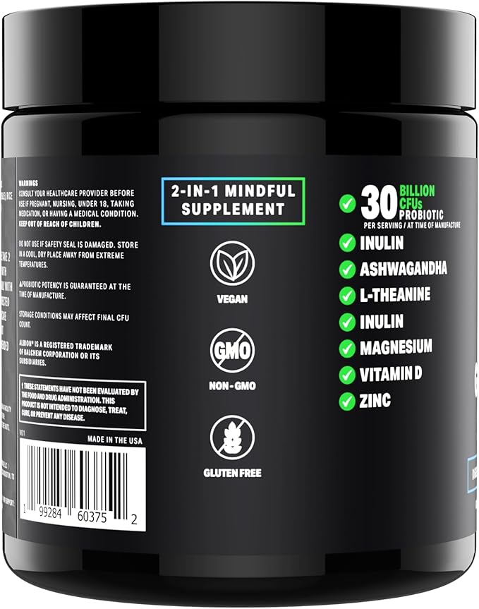 Gut-Brain Synergy Probiotic &amp Nootropic – 30Billion CFU Psychobiotic + Prebiotic with Ashwagandha L-Theanine &amp Zinc for Gut Health Mood Support Stress Relief Bloating Relief &amp Brain Fo