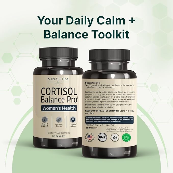 VINATURA Cortisol Supplements for Women - Cortisol Detox and Management - Adrenal Support Stress Support 60 Vegan Capsules