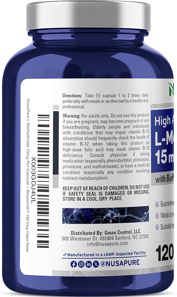 NusaPure L Methylfolate 15mg 120 Veggie Capsules Bioperine &amp Vegan
